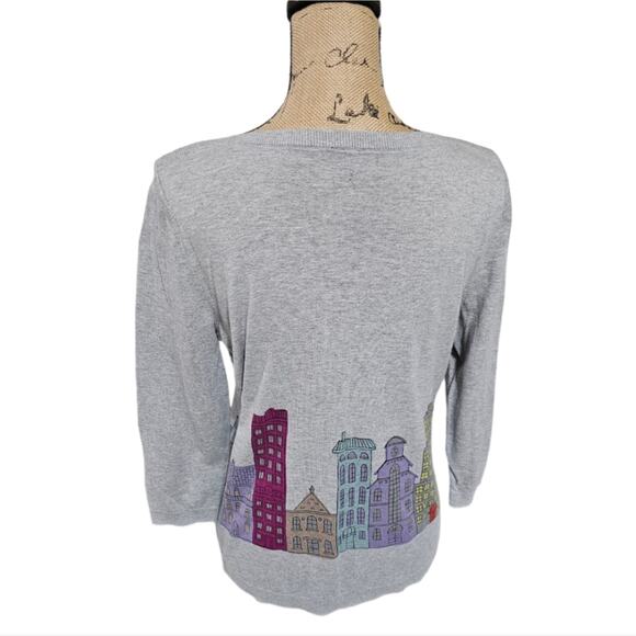 TALBOTS Women Thin Stretch Cotton Rayon Sweater Embroidered City View M - Picture 6 of 8